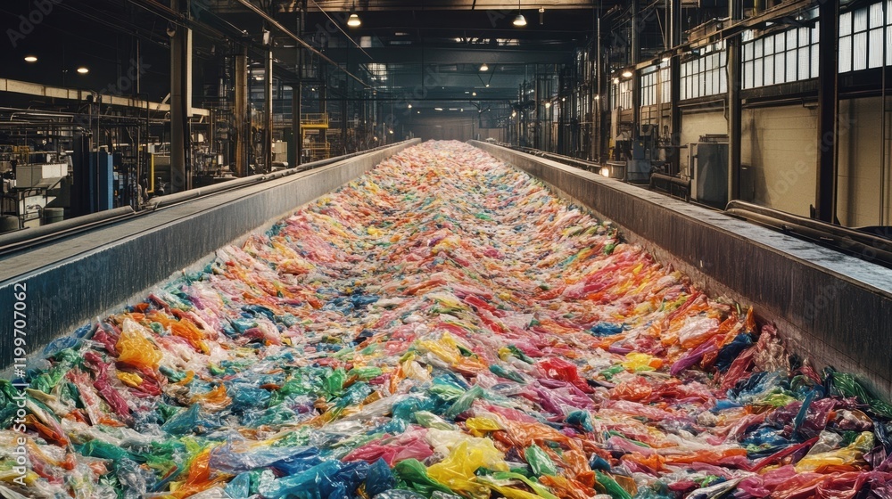 Poster a large vat filled with colorful shredded plastics waiting to be processed into new products capturi