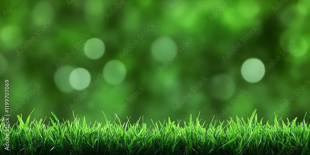 Poster a field of lush green grass with a blurred green background featuring soft, bokeh effect circles of 
