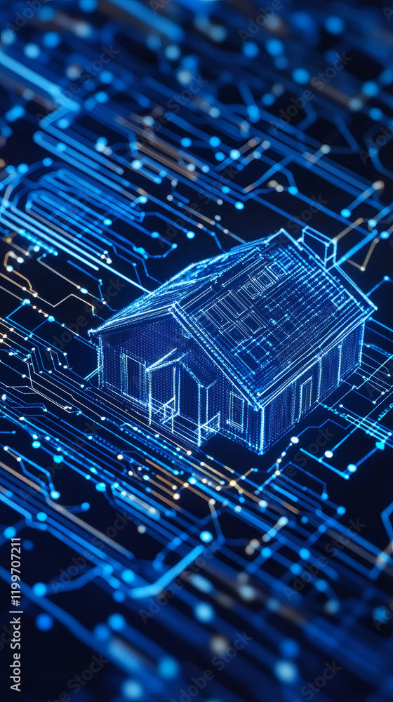 Poster hologram of a house floating over a circuit board, representing smart home technology and automation