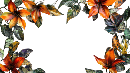 Vibrant floral frame featuring colorful leaves and flowers on a white background, perfect for invitations or decorative purposes.