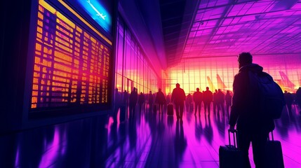 A vibrant airport scene at sunset with travelers waiting and a departure board in view.