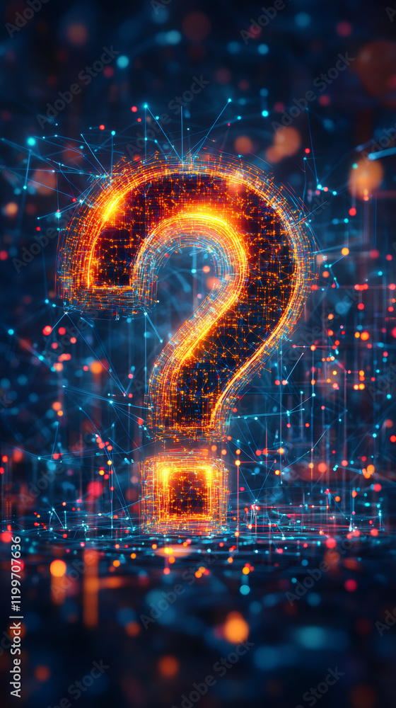 Aufkleber Luminous question mark hovering over digital network grid, symbolizing technological uncertainty and innovative questioning
