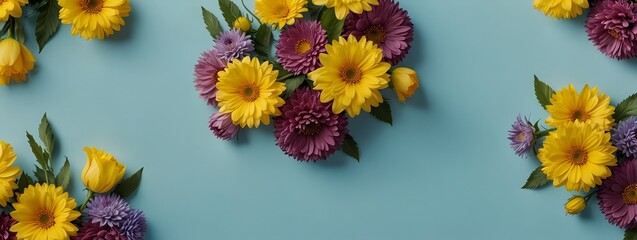 Yellow and purple flowers on pastel blue background. Spring, Easter concept. Flat lay, top view, copy space