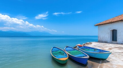 Fototapeta premium a traditional fishing village with colorful boats docked by the shore, nets drying in the sun