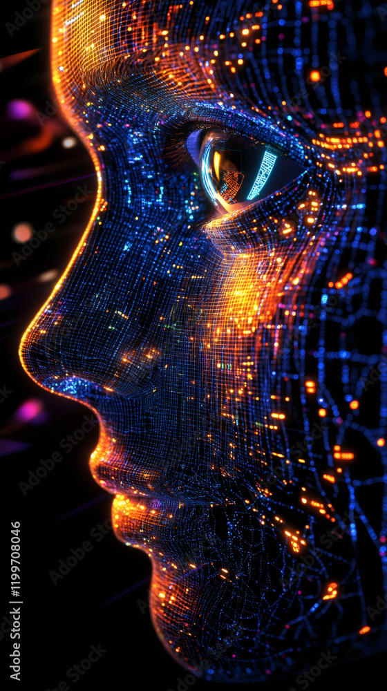 Poster Digital face emerging from glowing particles, showcasing neural network connections and machine learning technological visualization