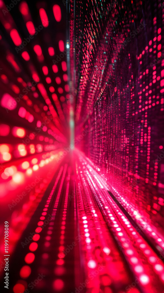 Poster Digital matrix showcasing binary code generating luminous red light trails pulsing through futuristic cybernetic network landscape