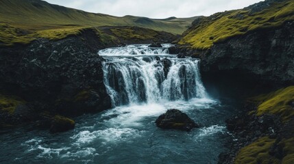 Obraz premium Cascading Waterfall in a Mossy Mountain Valley