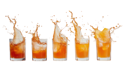 Five glasses with refreshing drinks showcasing dynamic splashes against a clean background, perfect for summer beverages and party themes.