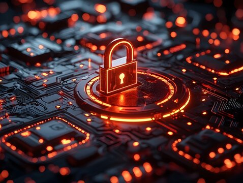 Futuristic Glowing Lock Hovering in Cyberspace with Dynamic Firewall Icons and Holographic Encryption Keys
