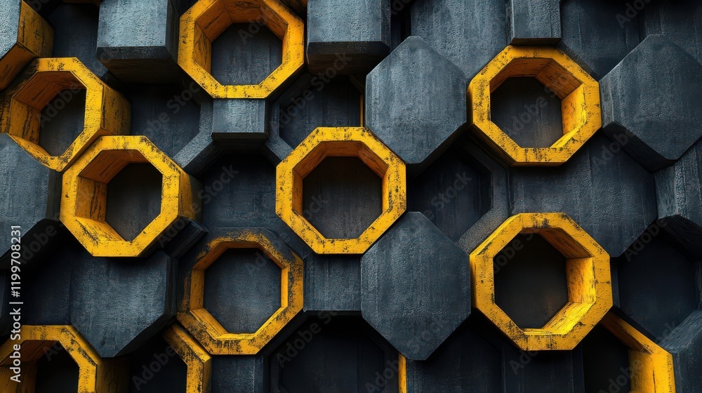 Poster a modern abstract design featuring hexagonal shapes in gray and yellow, creating a striking geometri