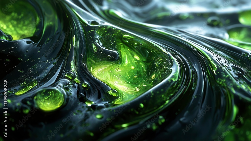 Poster abstract green and black fluid pattern with swirling textures and bubbles, creating a vibrant and dy