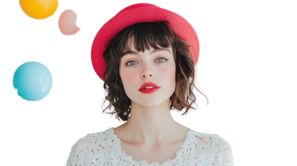 A stylish young woman in a bright pink hat poses confidently against a white isolated background, radiating joy and creativity.