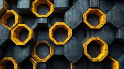A modern abstract design featuring hexagonal shapes in gray and yellow, creating a striking geometric pattern.