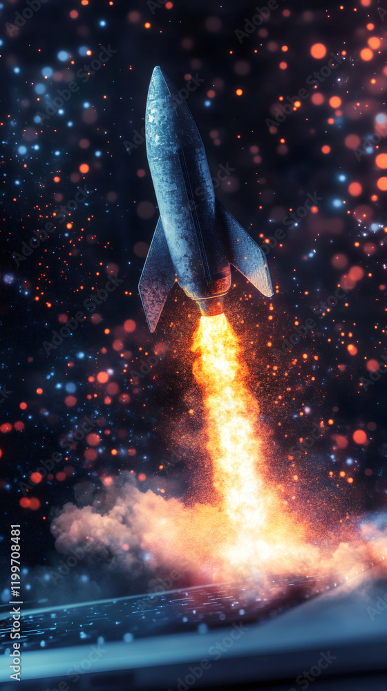 Poster miniature rocket launching from a laptop keyboard into a starry sky with fire and smoke, startup con