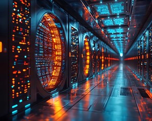 Futuristic Server Room with Glowing Blue Lights and Secure Data Encryption Holograms