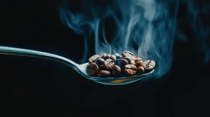 Steaming coffee beans on spoon, dark background, aroma, food photography