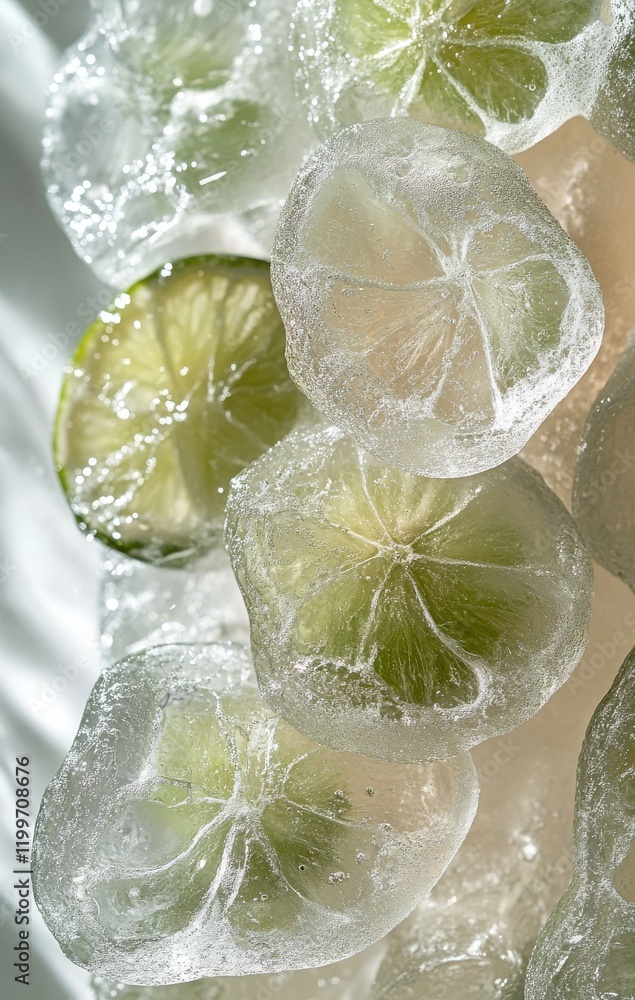 Poster refreshing close-up of frozen lime slices embedded in clear ice cubes for summer beverage ideas and 
