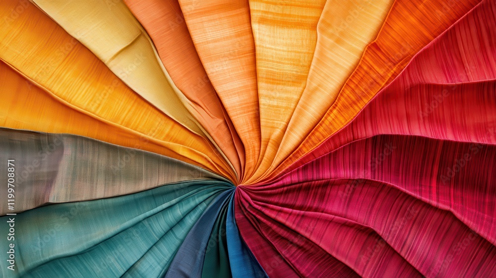 Poster a colorful array of fabrics is arranged in a spiral