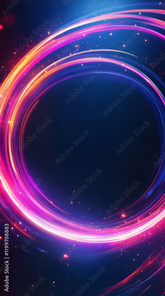 Aufkleber vibrant light trails spiraling dynamically, forming colorful abstract vortex against deep darkness, 