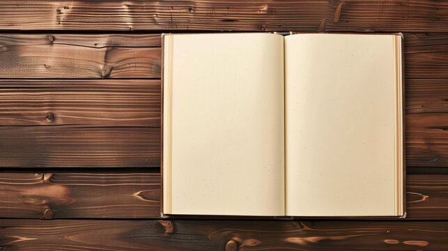 Open Photo Album on Wooden Table Top View with Ample Space for Text Overlay