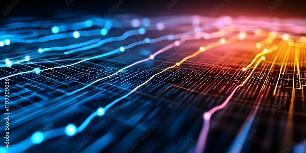 Poster a vibrant, abstract representation of data flow with colorful lines and dots, symbolizing digital co