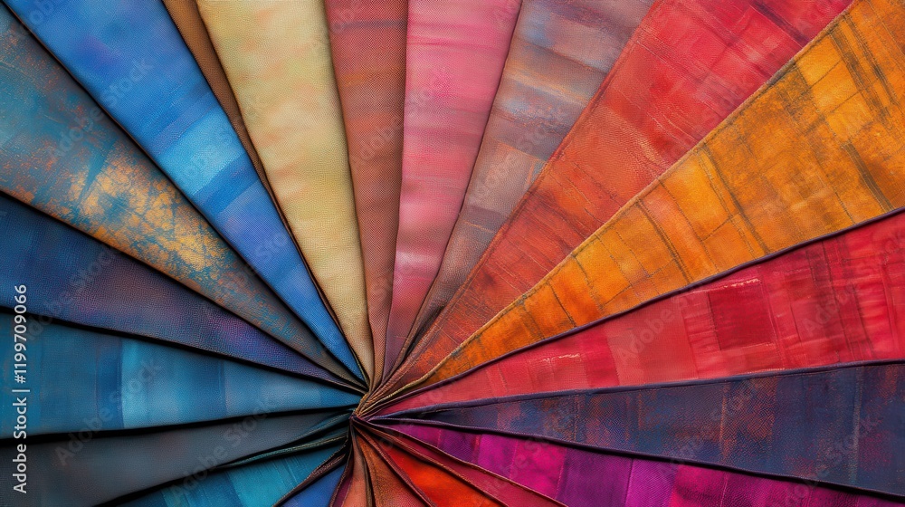 Poster a colorful array of fabric is displayed in a spiral pattern
