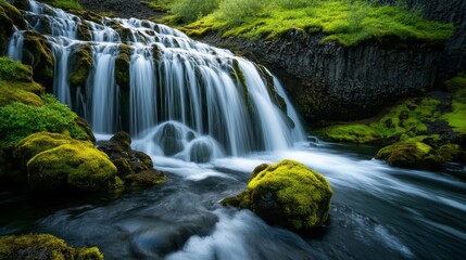 Fototapeta premium Cascading Waterfall Flowing Over Mossy Rocks in Iceland