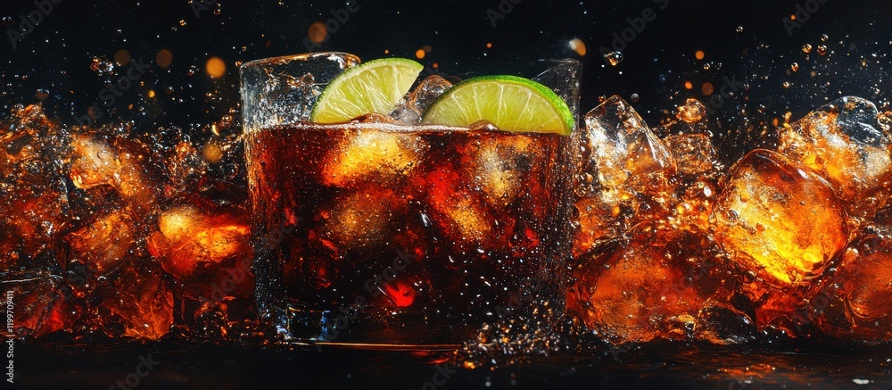 Poster refreshing cocktail with ice and lime slices splashing in a dark background, perfect for summer part