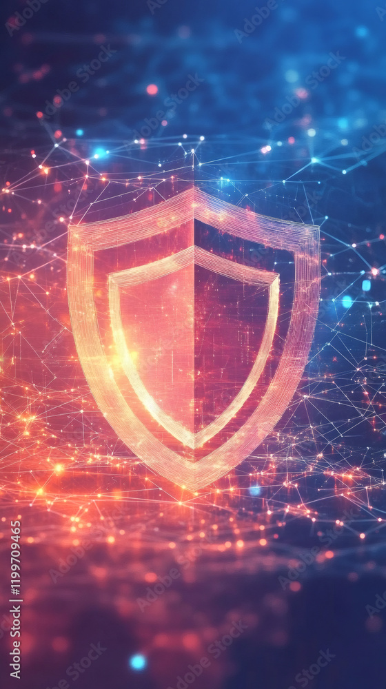 Poster digital shield forming with glowing particles and network, representing data security and protection