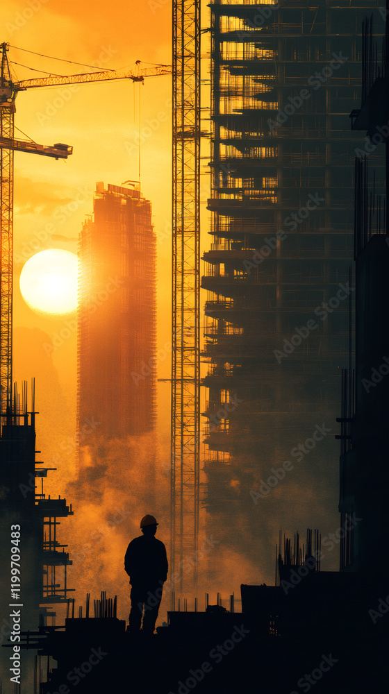 Poster silhouette of construction worker supervising building construction at sunset with cranes and scaffo