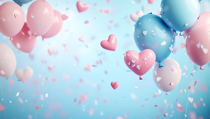 3D blue background with numerous balloons, hearts and confetti