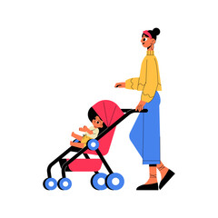 Mother Pushing Baby In A Stroller In Flat Vector Illustration Symbolizing Parenthood, Care, And Mobility, Isolated On White Background.