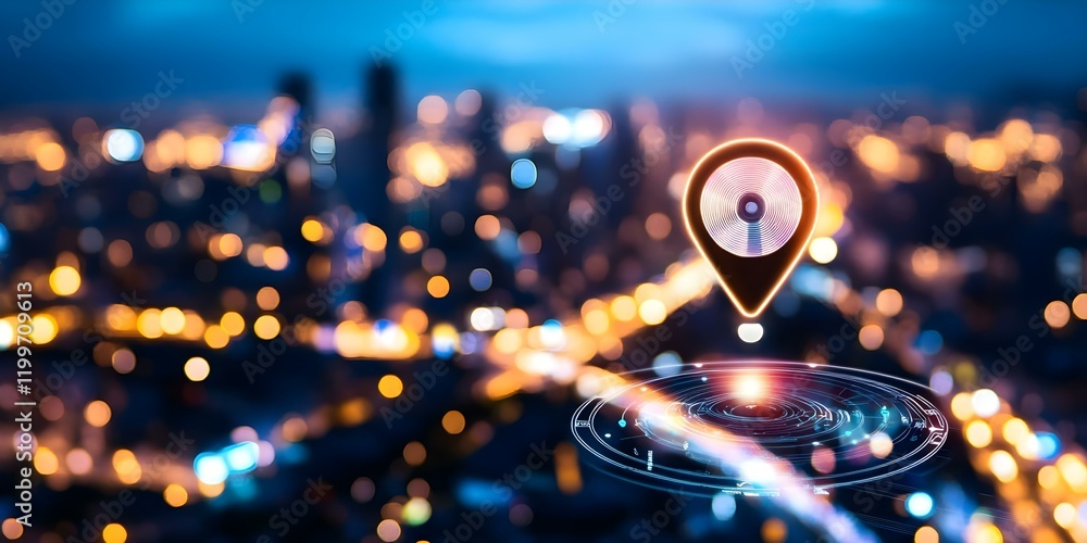 Poster a digital map marker over a blurred cityscape with bokeh lights, suggesting navigation or location t
