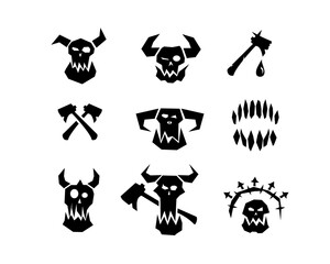 A savage orc symbol with a smiling skull, horns, and a shadowy outline, representing Gothic brutality, monsters, and warlords in a minimalistic style.