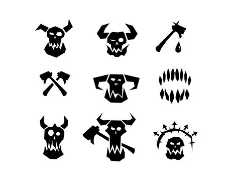 A savage orc symbol with a smiling skull, horns, and a shadowy outline, representing Gothic brutality, monsters, and warlords in a minimalistic style.