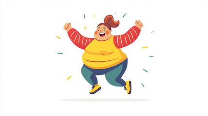 illustration of A cheerful fat lady jogging with determination, wearing vibrant workout clothes