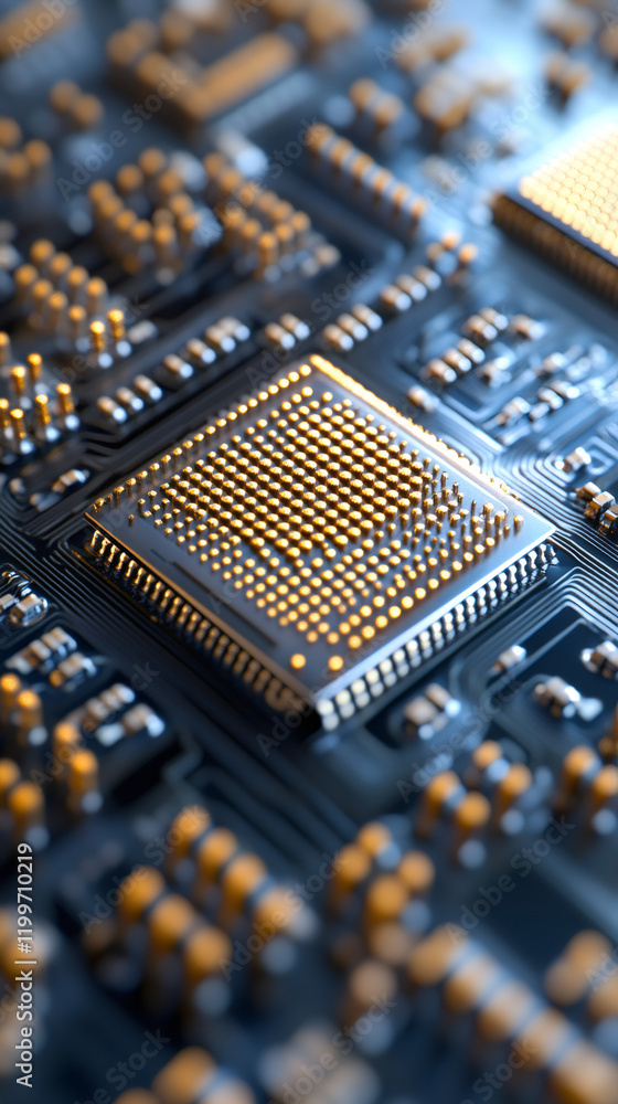 Aufkleber Close-up view revealing computer processor running on blue circuit board, displaying intricate microchips and integrated electronic components