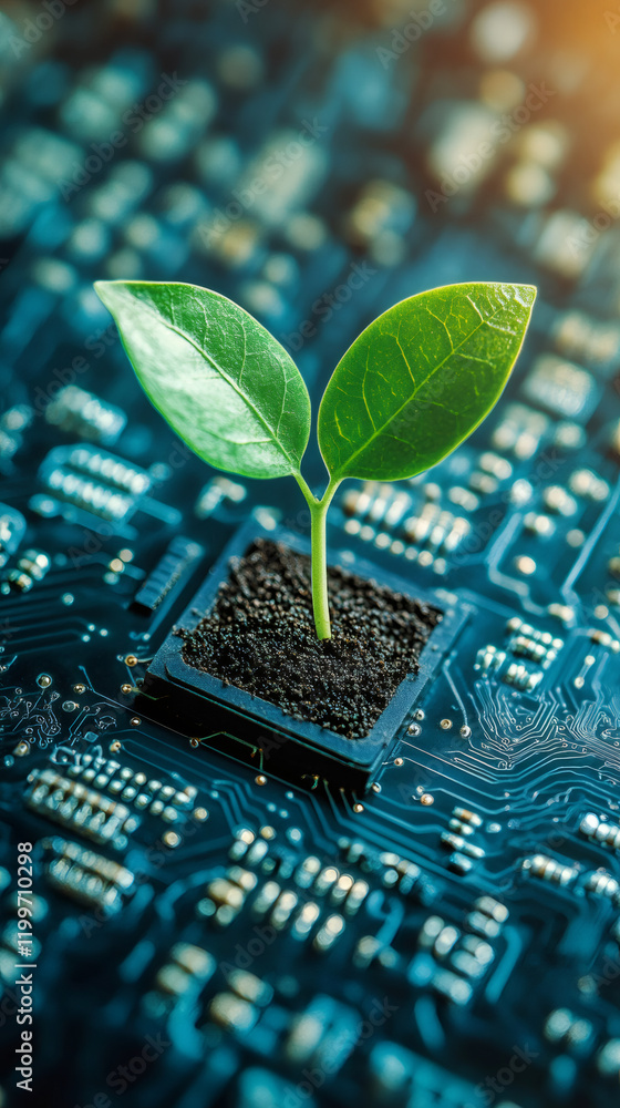 Aufkleber small green plant growing from a microchip on a motherboard, representing green technology and susta