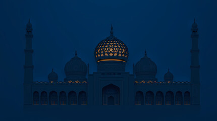 Obraz premium 3d illustration of mosque on blue background. 3d rendering. Contemporary mosque illustration in jet black with detailed domes and shadows