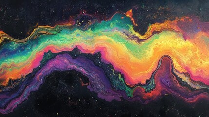 A vibrant abstract artwork featuring swirling colors of purple, green, yellow, and orange against a dark background, resembling a cosmic or nebula-inspired design.