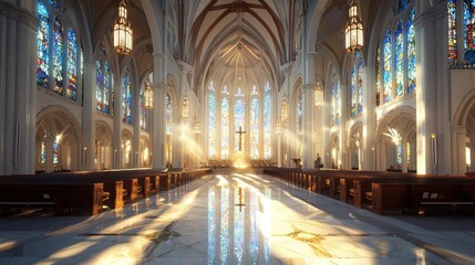 Serene sunday service in a majestic church interior soft light through stained glass windows worshippers in quiet reflection