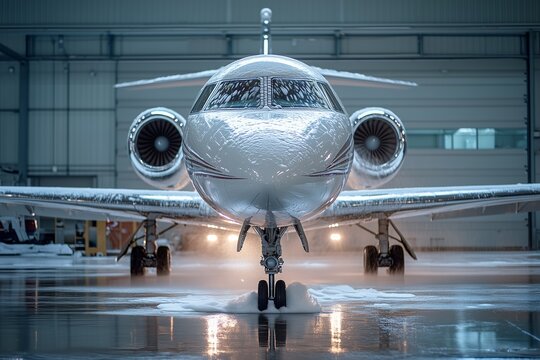 Private jet cleaning process in a hangar with dense foam application and reflections on a glossy surface