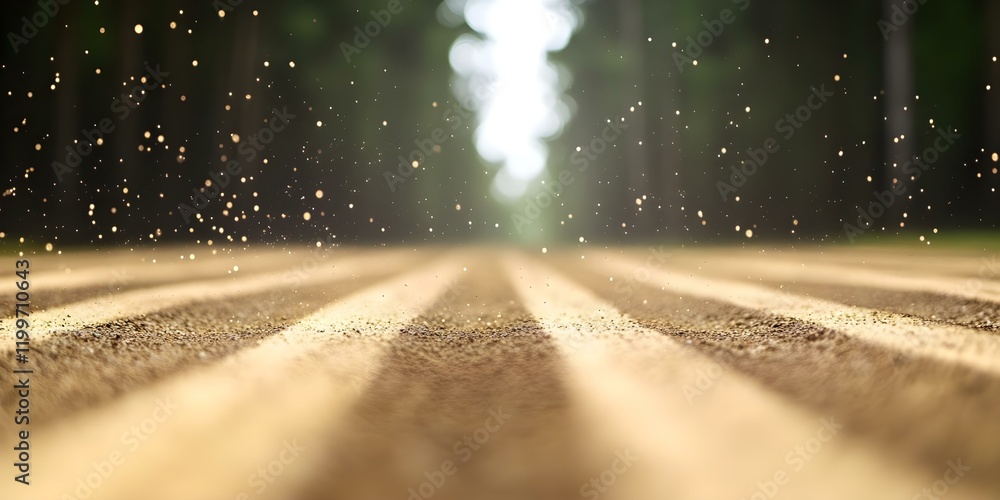 Poster a close-up of a dirt path with visible dust particles suspended in the air, surrounded by trees in s