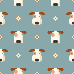 Face dog cartoon so cute. On flower green background. Pattern seamless vector illustration. 
