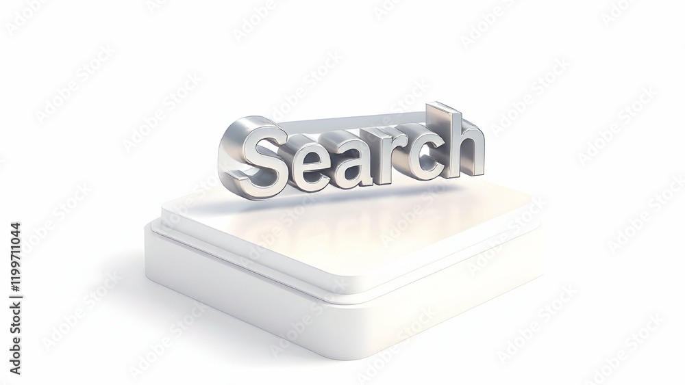 Poster 3d render of metallic search button on white platform