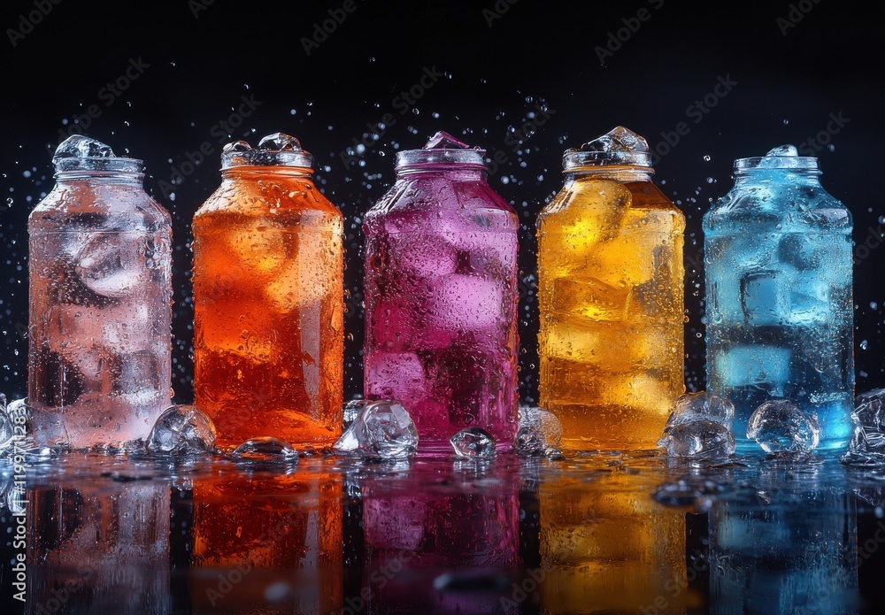 Poster refreshing colorful beverage jars with ice cubes and bubbles, captivating display of vibrant drinks 