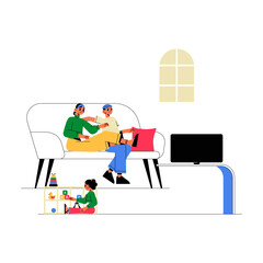 Family Watching Television While Child Plays With Toys In Flat Vector Illustration Symbolizing Family Time, Home Comfort, And Entertainment, Isolated On White Background.