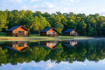 Fototapeta premium Cozy cabins by serene lakeside retreat early morning reflection nature photography tranquil environment scenic viewpoint relaxation concept
