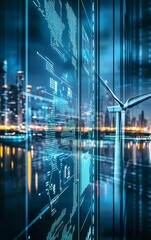 A financial trading room focused on sustainable energy, with digital stock data showing the rise in renewable energy investments, featuring solar and wind farms