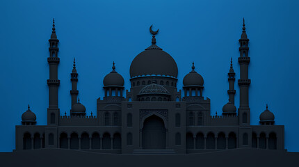 Obraz premium 3d illustration of mosque on blue background. 3d rendering. Modern mosque art with layered towers and contrasting deep blue background